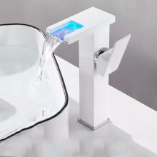 Bathroom Faucet 3-Color Changing LED Waterfall Spout Single Handle Includes Water Supply Hoses Hydropower Tech White