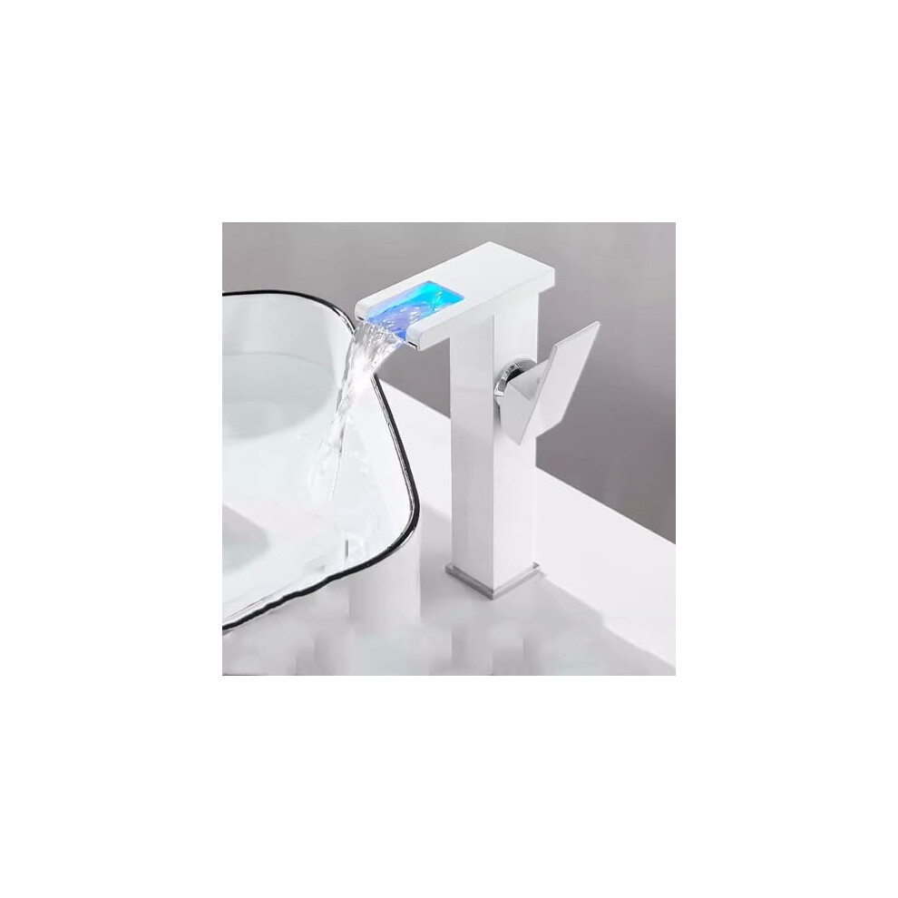 Bathroom Faucet 3-Color Changing Led Waterfall Spout Single Handle Includes Water Supply Hoses Hydropower Tech White 9067246367589