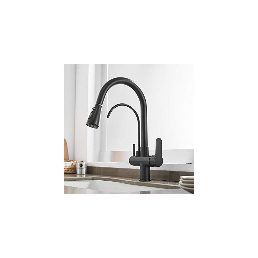 3-Way Kitchen Faucet With Pull-Down Sprayer, 2-Mode Mixer, Brushed Nickel And Black Finish, Potable Water Tap 9393856679751