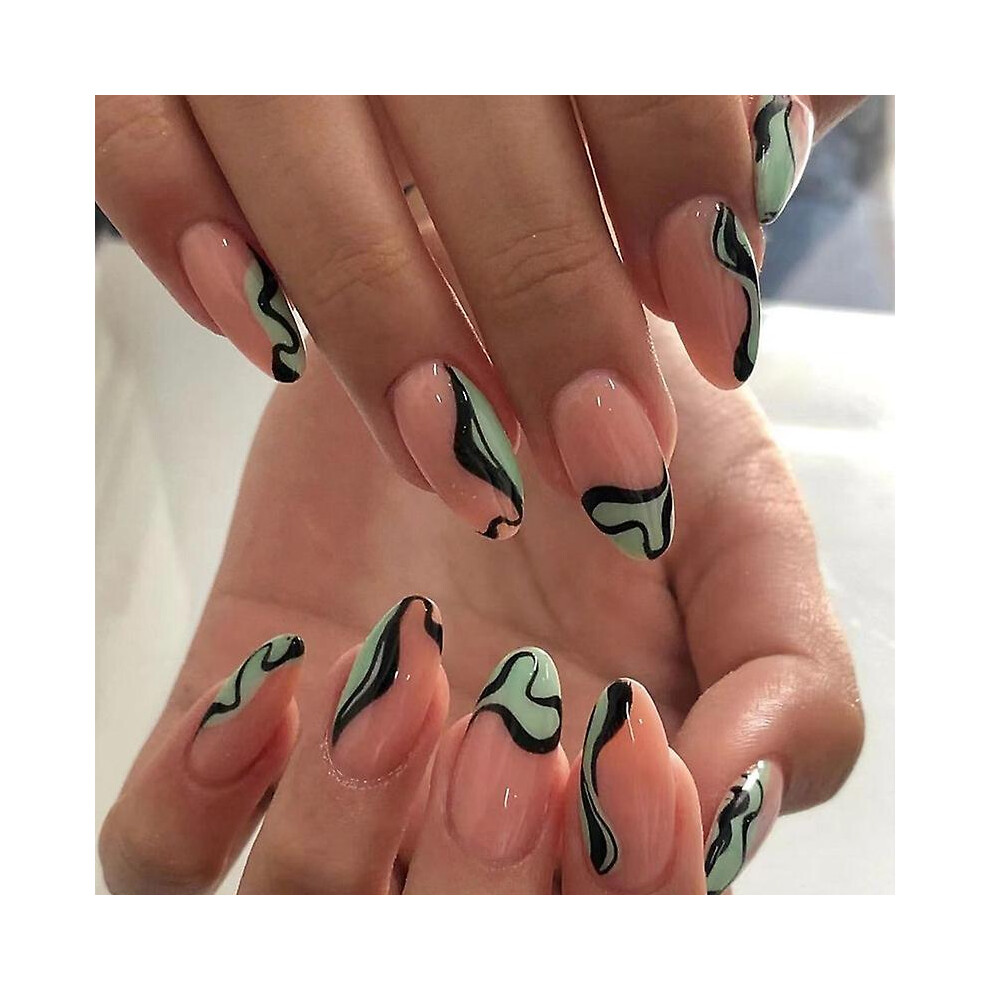 Kikidex (As Show, One Size) 24 Pack Women's Wear Nails Oval Simple Green French Black Lines Wavy For Summer Diy Manicure Tools Full Coverage Nail Stickers