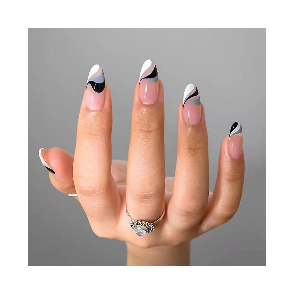 Kikidex (As Show, One Size) 24-Pack Women's Wear Nails Oval Style Ink Blue White Black Lines Wavy For Summer Diy Manicure Tools Full Coverage Nail Stickers