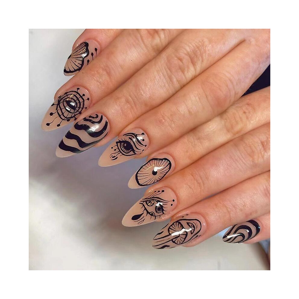 Kikidex (As Show, One Size) 24 Pack Women's Wear Nails Oval Style Hand Painted Eyes Wavy Lines For Summer Diy Manicure Tools Full Coverage Nail Stickers