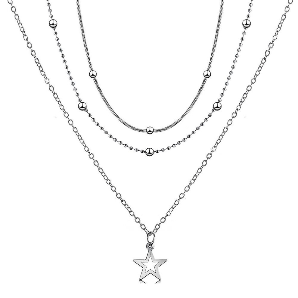 Kikidex (As Show, One Size) Cutout Star Choker Necklace Layered Star Pendant Necklace Vintage Satellite Necklace Layered Beaded Necklace Girls Jewelry Silver