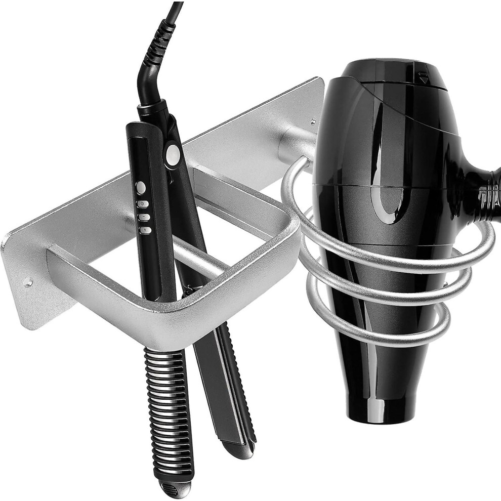 Kikidex (As Show, One Size) Aluminum Wall Mounted Hair Dryer Rack Organizer Hair Dryer Straightener Stand Bathroom Shelf Set With Two Holes For Bathroom