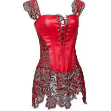 (XXXXXL, Red) Sexy Lingerie Women Leather&lace Burlesque Steampunk Corset Dress Waist Bustier Corpet Plus Size