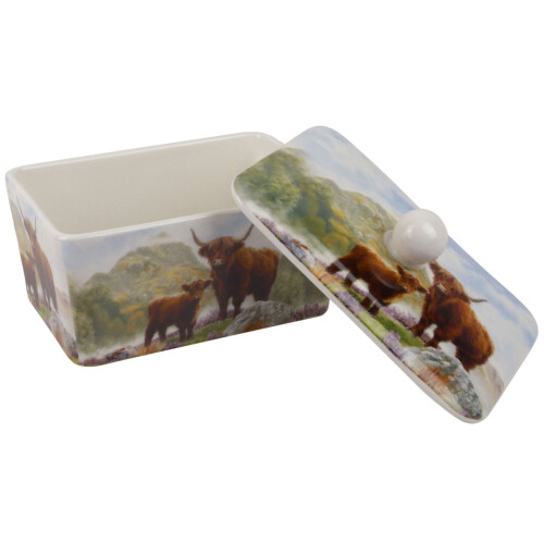 Highland Cow Butter Dish Fine China Multi Color Rustic Design for Table Serving 2