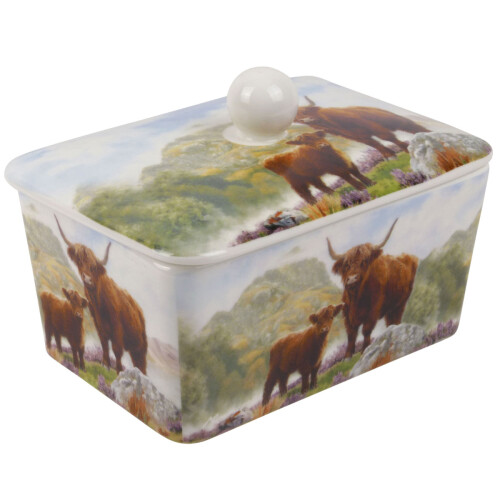 Highland Cow Butter Dish Fine China Multi Color Rustic Design for Table Serving 1