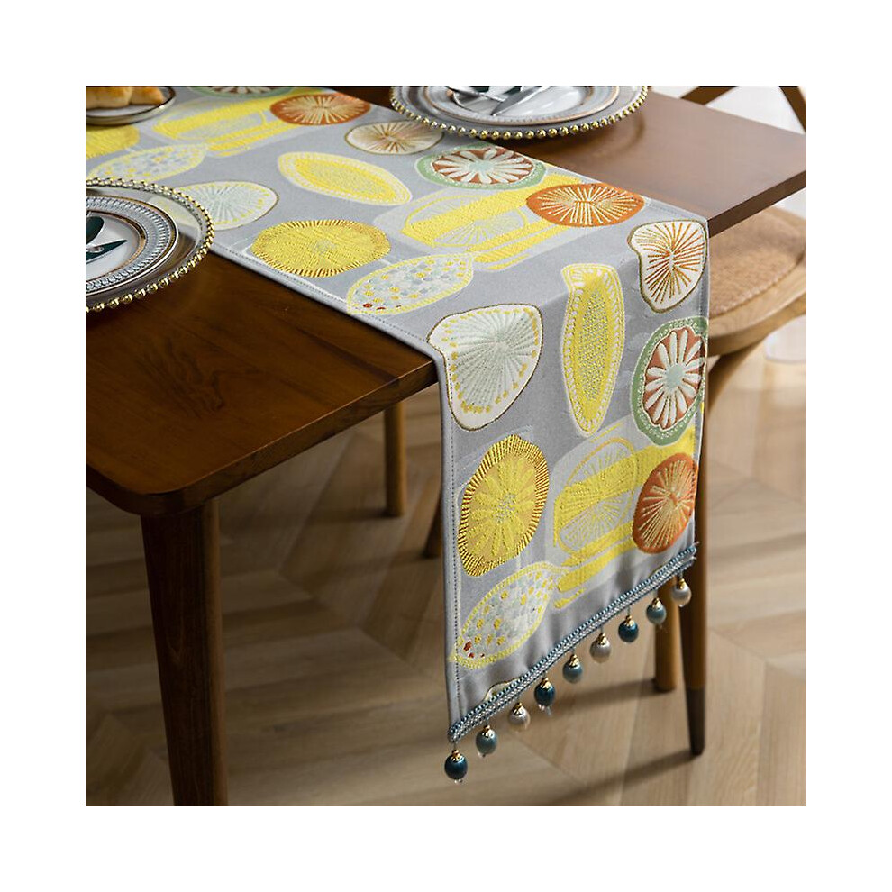 Kikidex (As Show, One Size) Linen Table Runner, Tablecloth With Lemon Embroidery And Tassels