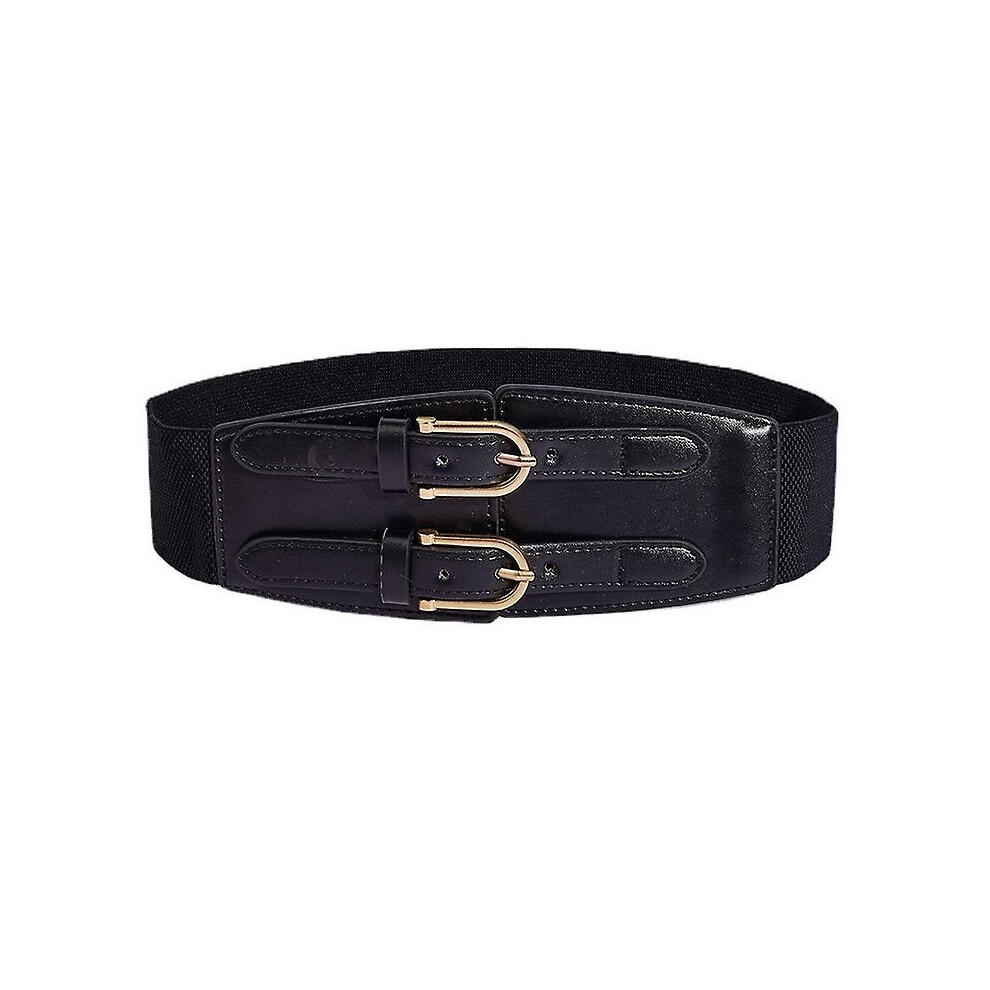 Kikidex (As Show, One Size) Wide Belt With Double Buckle And Faux Leather Elastic Waistband Light
