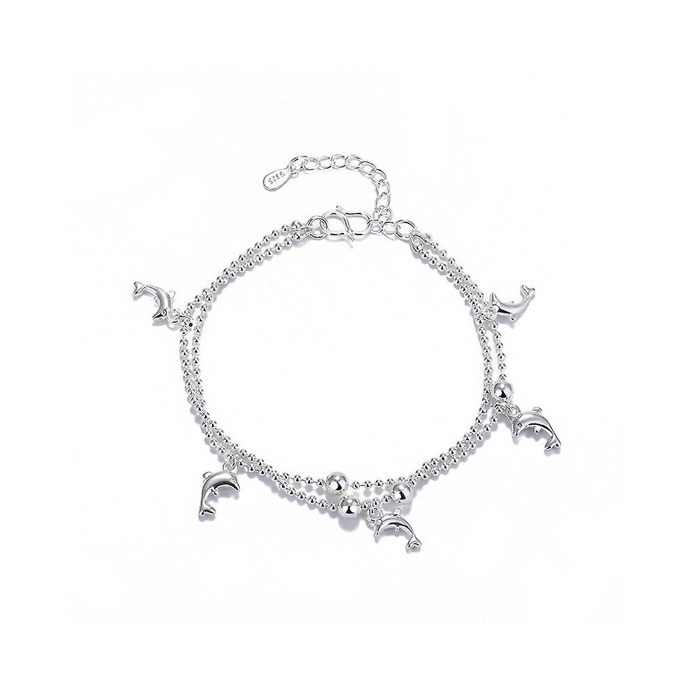 Kikidex (As Show, One Size) Dolphin And Pearl Double Layer Silver Bracelet, Adjustable Length White,Silver