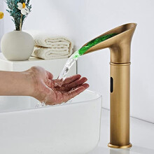 Retro Sensor Mixer Taps Hot Cold Touchless Bathroom Waterfall Faucet LED Color Change Modern Black Finish Antique Style