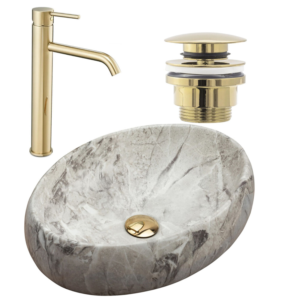 Set Countertop Washbasin Linda Stone + Bathroom Faucet Lungo Gold + Plug Uniwersalny Gold 5902557373772