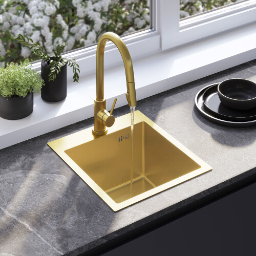 Νεροχύτης Από Μαύρο Ατσάλι Leo 40 Brush Gold ( 45 X 40 X 18.5 ) Cm Με βρύση