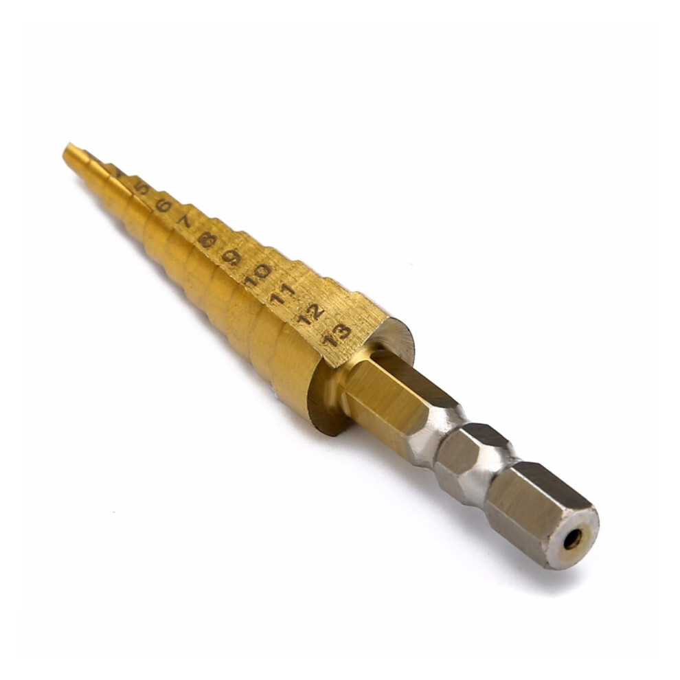 1Pc 1/4 Inch Hex Hss 4241 Shank Step Cone Drill Bit Titanium Coated 3-13Mm Woodworking Tool 9354506583774