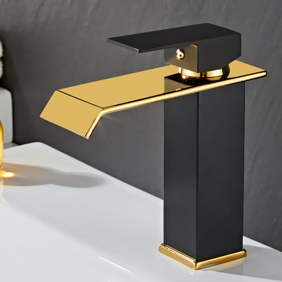 Bathroom Basin Mixer Tap Waterfall Spout 2-Hole Low-Arc Sink Taps In Black And Gold 9393856686964