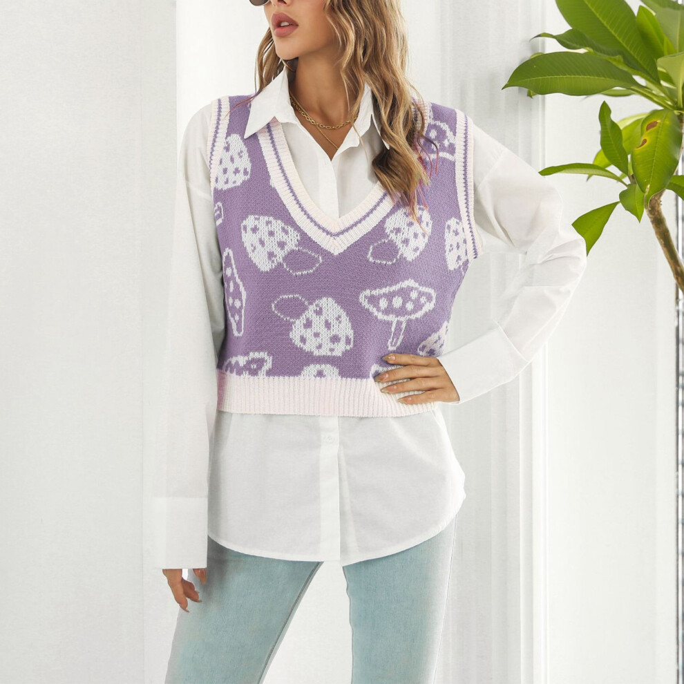 Cute Purple Mushroom Crop Sweater Vest, V Neck, 100% Acrylic, M-image-OPC-PMGYKGT-NEW