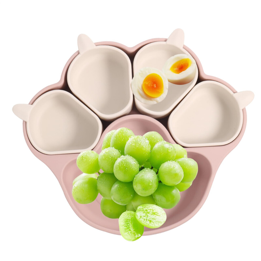 Toddler Plates with Suction Silicone Divided Plate, Cat Claw Shaped, Light Pink, Non-Slip Meal Tray for Dining