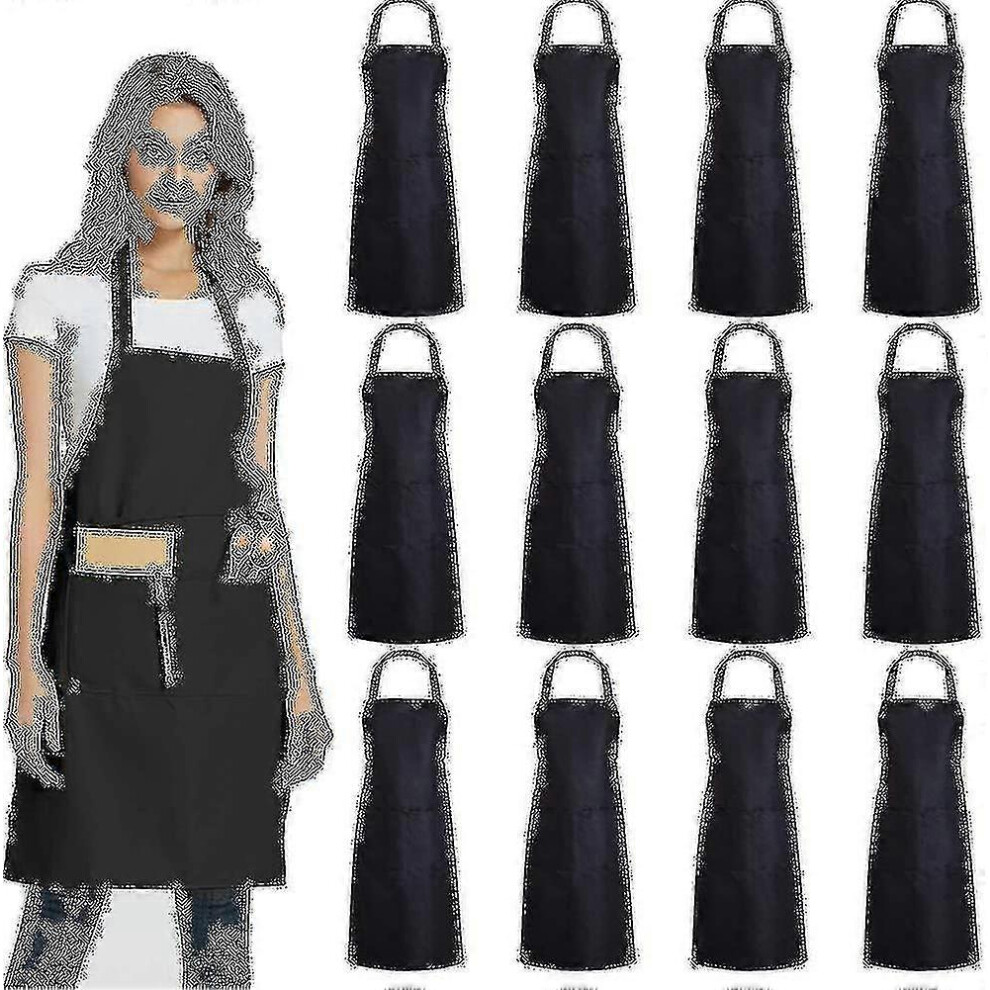 Kikidex (As Show, ) 12 Pack Plain Bib Aprons With 2 Pockets - Unisex Commercial Apron Bulk A Black