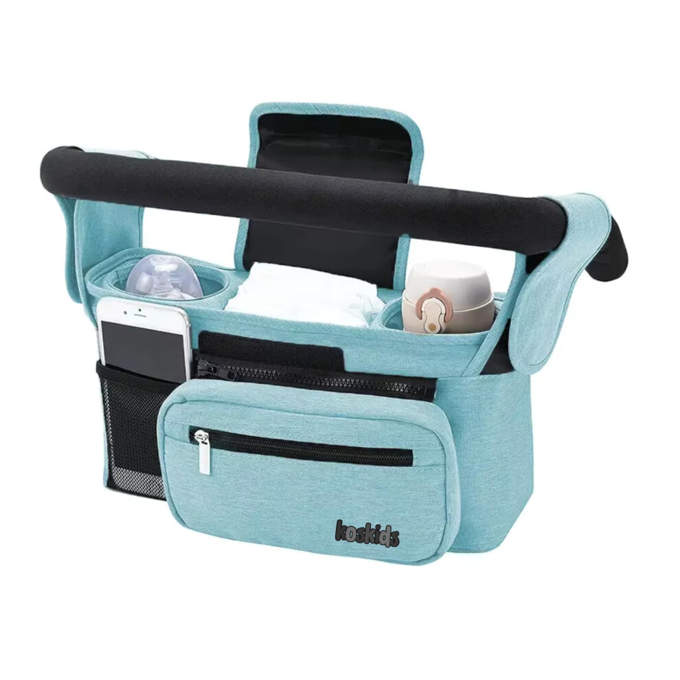Universal Stroller Organizer With Insulated Cup Holder, Detachable Phone Bag, Caddy, Fits All Strollers, Blue