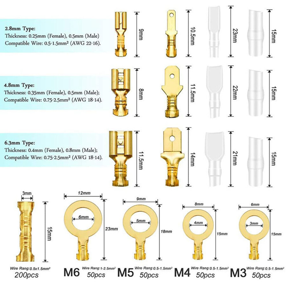 1000Pcs Brass Crimp Terminals Kit 2.8/4.8/6.3Mm Insulated Sheath 9471356360987
