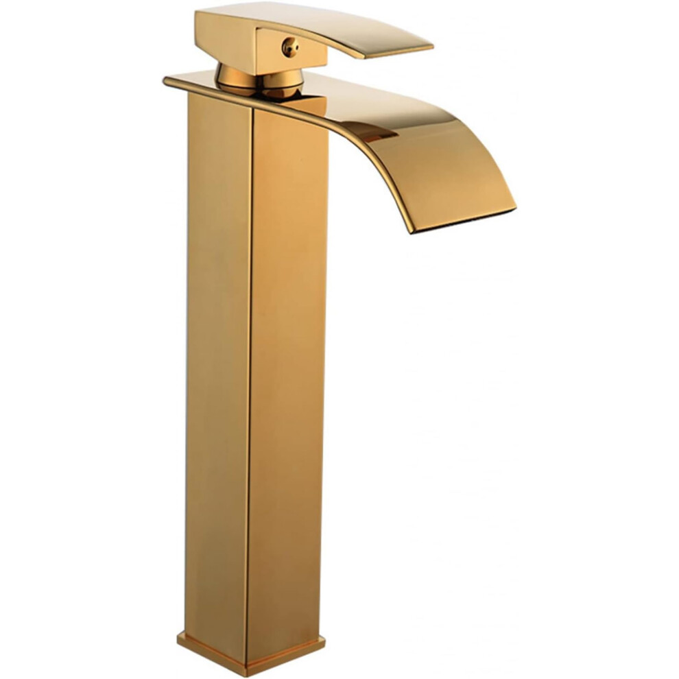 Tall Bathroom Faucet For Vessel Sink Flat Spout Waterfall Basin Mixer Single Hole Gold Finish 9067246377670