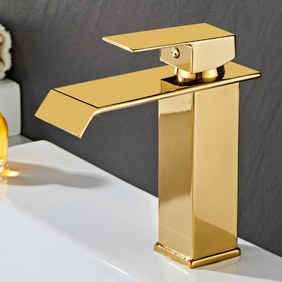 Waterfall Sink Taps Gold Finish For Bathroom Basin, 2-Hole Mixer Tap With Waterfall Spout 9067246378295