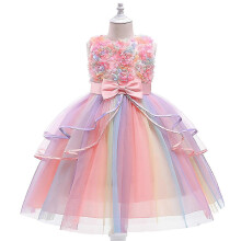(As show, One size) Girl Flower Pageant Party Tulle Dress Rainbow Lace Dressv