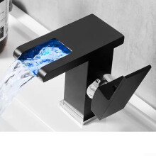 Bathroom Faucet Waterfall Faucet With LED Lights, Single Handle Design, Safe And Easy Installation(Black)