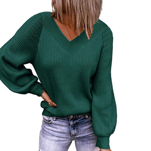 Green Women's V Neck Pullover Sweater XL 100% Polyester Breathable Basic 1