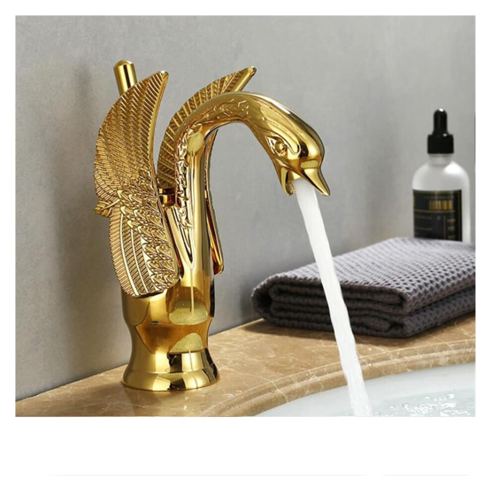 Gold Luxury Bathroom Sink Faucet Vintage Copper Swan Style Deck Mount Hot And Cold Mixer For Bathroom Vanity 9067246380083