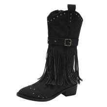 (38, Brown) Stylish Rivets Tassel Mid-Calf Boots for Women Comfy Non-Slip Bottom Booties Valentine's Day Gift