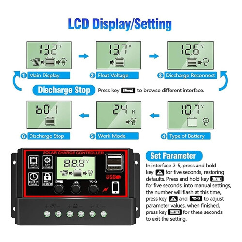 Solar Controller 100A 60A Dual USB LCD Display Battery Charge Controller 12V/24V Timer Setting Auto Panel Regulator Nero 2