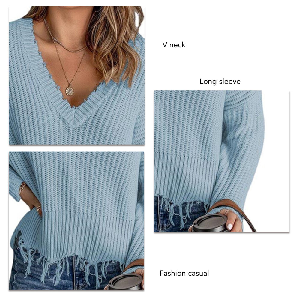 Women's Light Blue V Neck Long Sleeve Knit Sweater Casual Loose Fit L-image-OPC-PMGZK7X-NEW