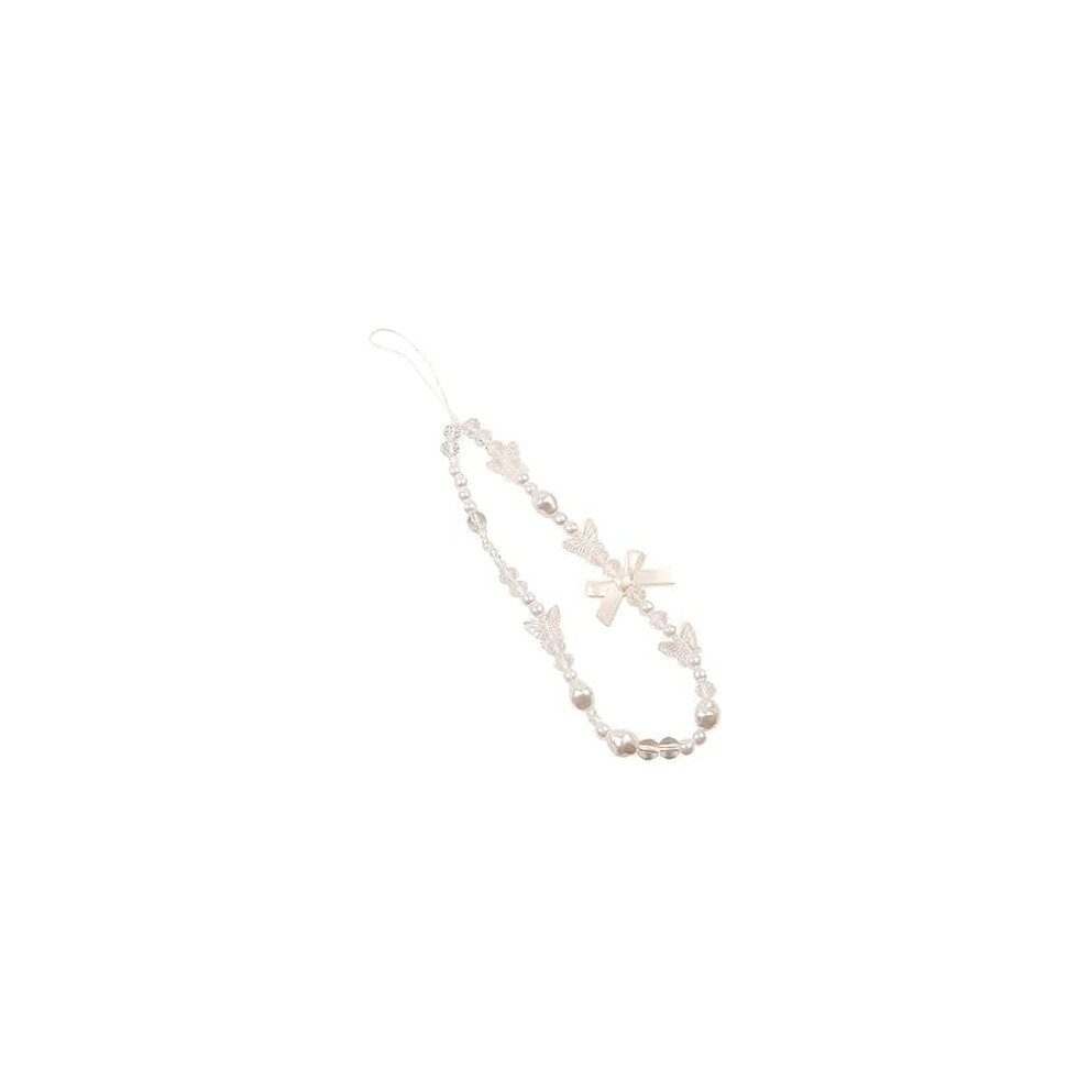 Mobile Phone Lanyard Pearl Beaded Bow Chain Wrist Strap Anti Lost Phone Charm Keychain Wallet Decoration For Women White 9354506595944
