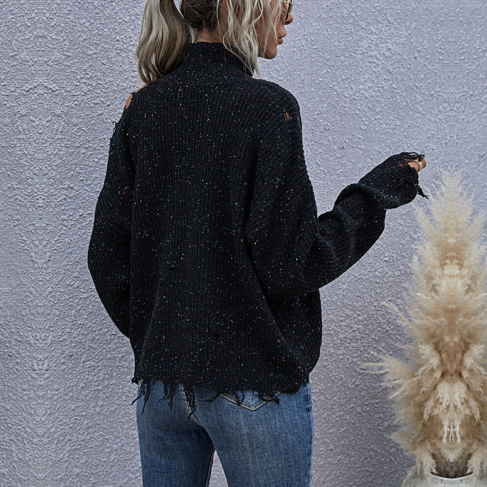 Women's Black High Neck Cold Shoulder Pullover Sweater, Size L-image-OPC-PMGZQPV-NEW