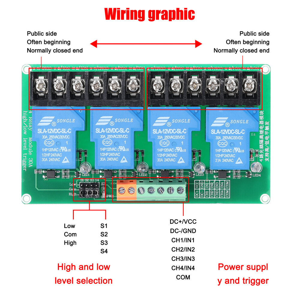 4 Channel 30A Relay Module 5V/12V/24V, Isolated, Compact 8701356432645