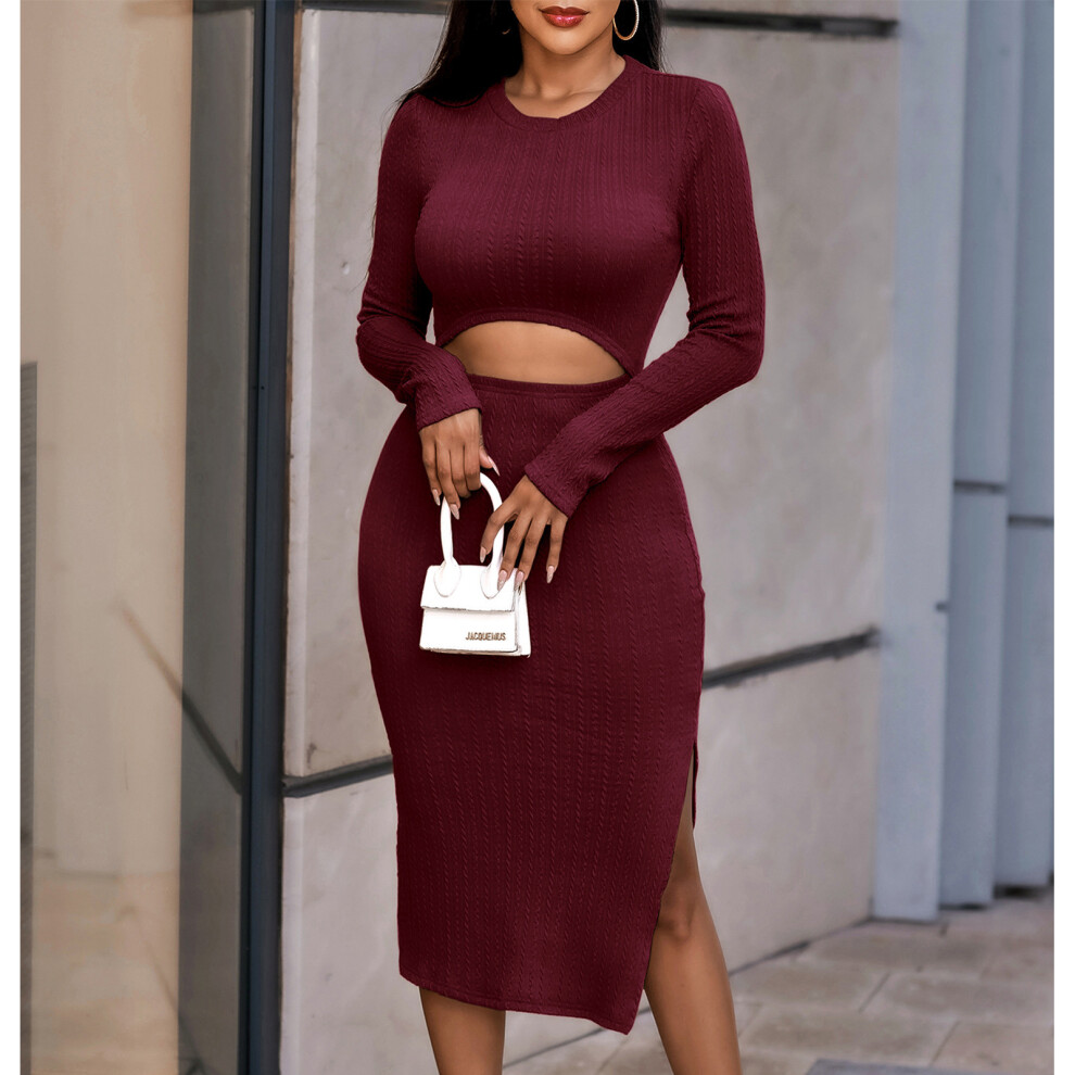 Women's Wine Red Long Knitted Dress M | Elegant Open Fork Hem & Navel Exposed-image-OPC-PMH5PGP-NEW