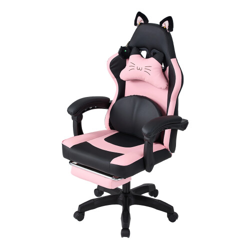 Living And Home Ergonomic High Back Gaming Chair with Footrest, Black+Pink