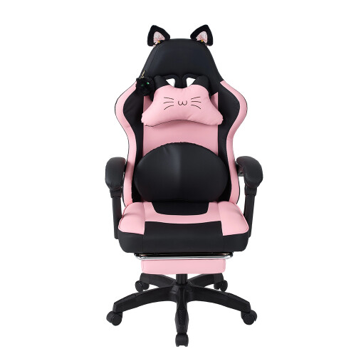 Living And Home Ergonomic High Back Gaming Chair with Footrest, Black+Pink 1