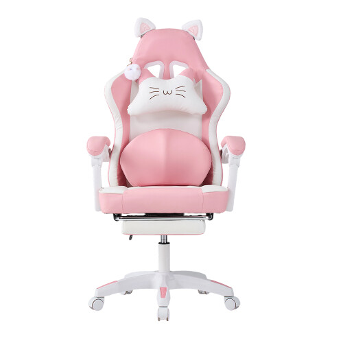 Living And Home Ergonomic High Back Gaming Chair with Footrest, White+Pink 1
