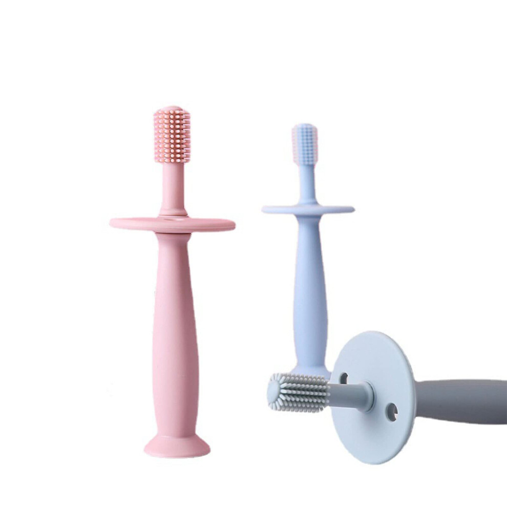 Silicone Toothbrush 360 Degree Baby Toothbrush With Suction Base Pink Silicone Gum Massagers Teether For 6-12 Months