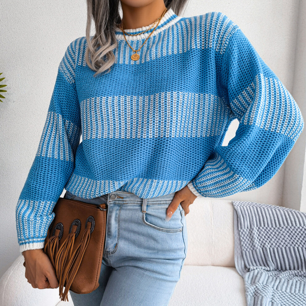 Women's Blue Striped Colorblock Knit Sweater Crewneck Puff Sleeve Loose Hem L-image-OPC-PMH6JTJ-NEW