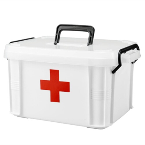 First Aid Kit Storage Box 2-Tier Plastic With Handle White For Car Or Home Portable