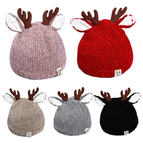 Süße Strickmütze mit Geweih-Strickmütze, Weihnachtsmütze-Grau 1