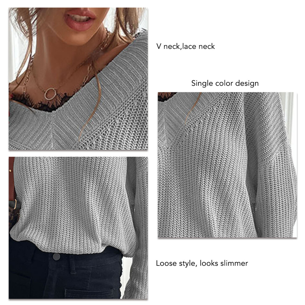 Light Grey Loose V-Neck Lace Knitted Sweater for Women, Size L-image-OPC-PMH6YRH-NEW