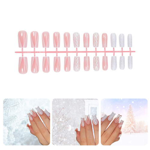 Faux ongles de noël, 24 pièces, bâton de flocon de neige, Long 1