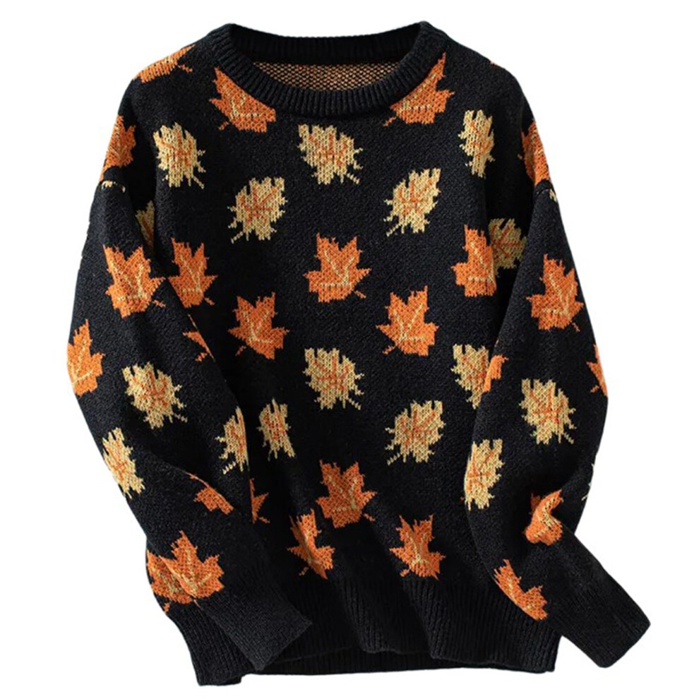 Women's Soft Acrylic Sweater with Maple Leaf Pattern-Black S