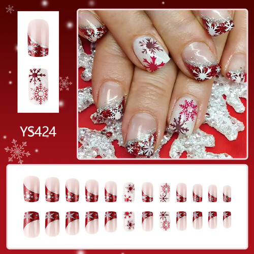 24x Short Square False Nail Full Cover Stick on Nails Christmas 1