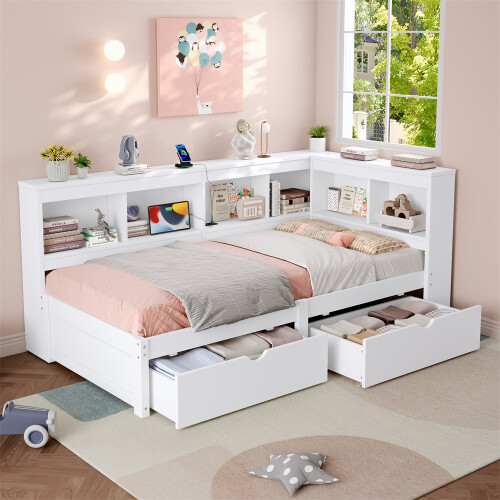 3ft White L-Shape Daybed, Charging Station&Storage