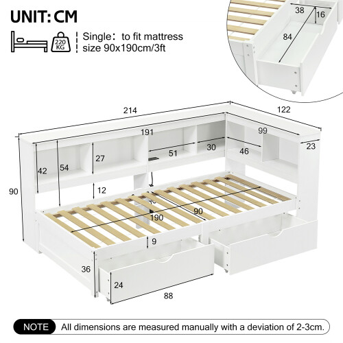 3ft White L-Shape Daybed, Charging Station&Storage 1